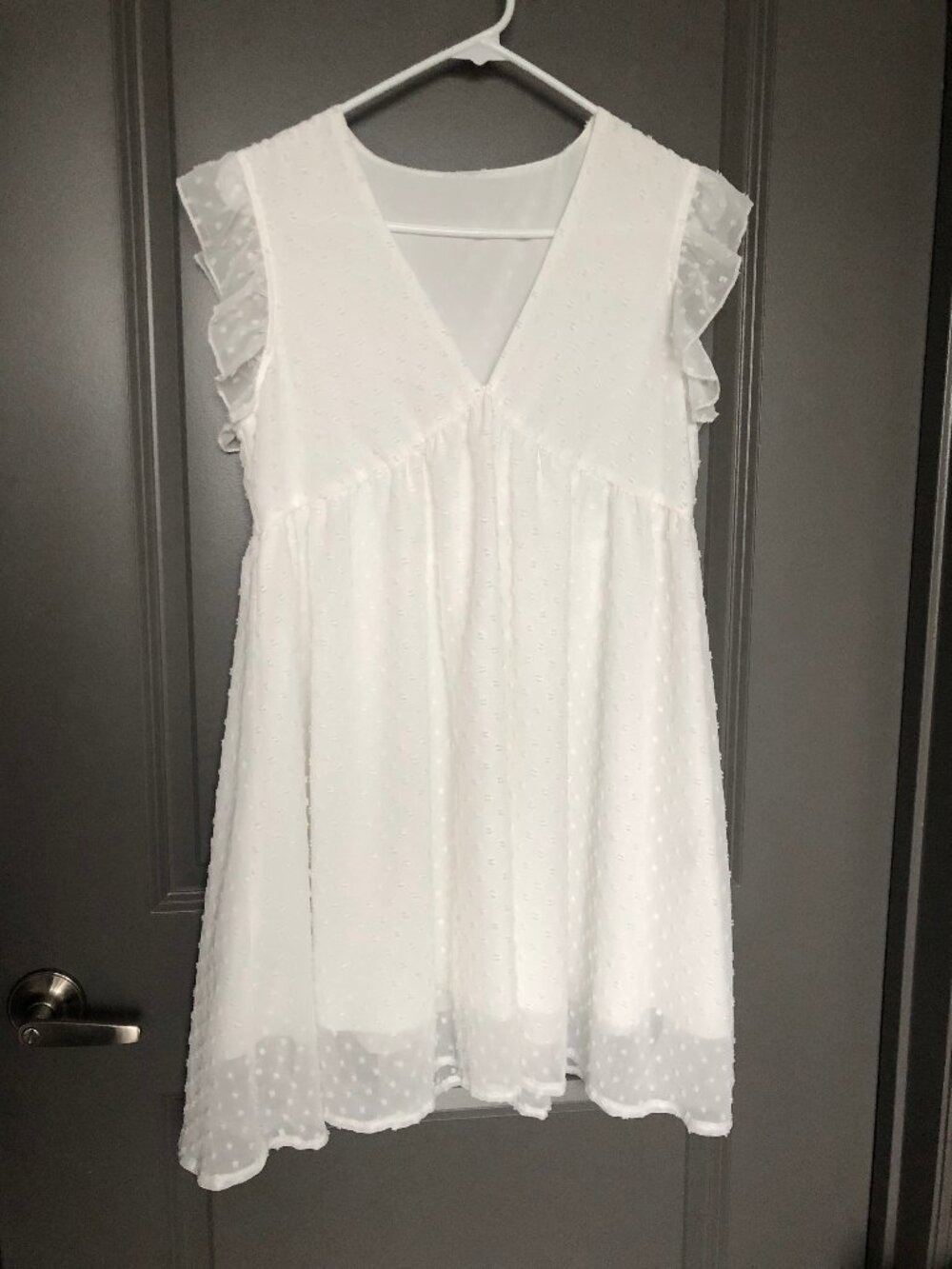White Swiss Dot Semi-Sheer Mini Dress Ruffle Sleeves - Beach Wedding Vacation
